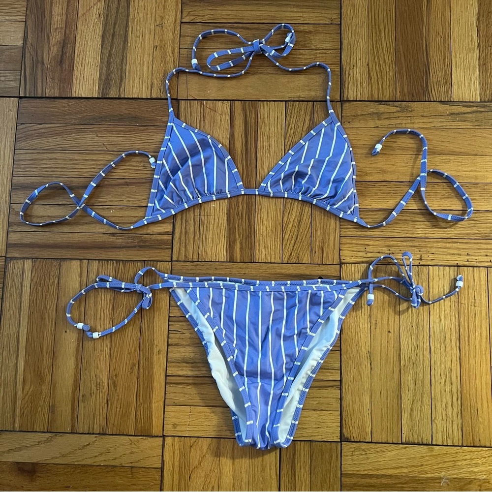 J.Crew Bikini Set -  Light Blue and White Striped String - Top M Bottom L - Picture 2 of 13